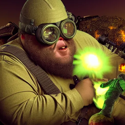 Image similar to highly detailed octane render of a short ugly fat man with a giant beard, holding a grenade launcher, wearing battle armour, goggles and a safety hat whilst laughing at a green mushroom cloud surrounded by dead insects in a cave