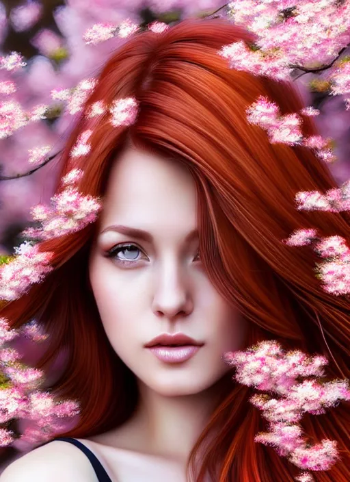 Image similar to photo of a gorgeous female with auburn hair in the style of stefan kostic, realistic, half body shot, sharp focus, 8 k high definition, insanely detailed, intricate, elegant, art by stanley lau and artgerm, extreme blur cherry blossoms background