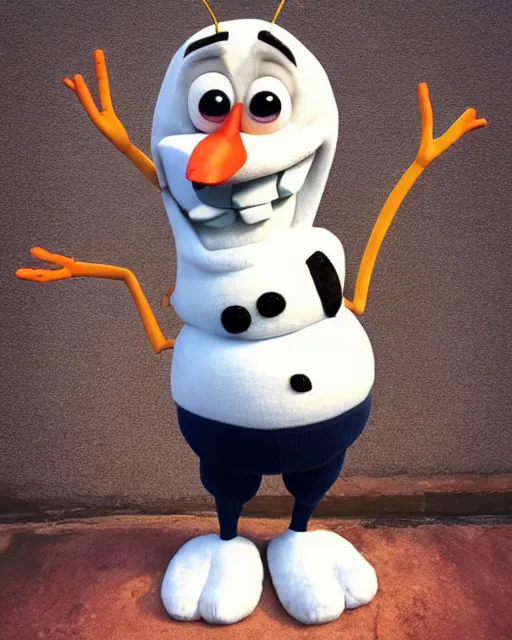 Image similar to photo of olaf from frozen with a human body, standing up, with a sweater and yoga pants.