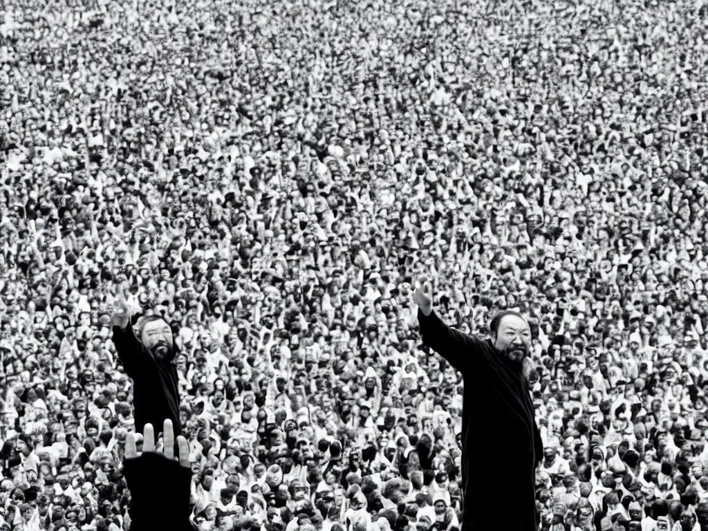 Prompt: ai weiwei a study in perspective black and white photograph arm outstretched giving the middle finger to a famous monument