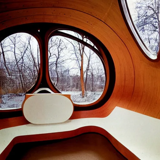 Prompt: the interior of a 1 9 6 0 s space ship carved out of wood, designed by eero saarinen, trees and snow visible through the windows