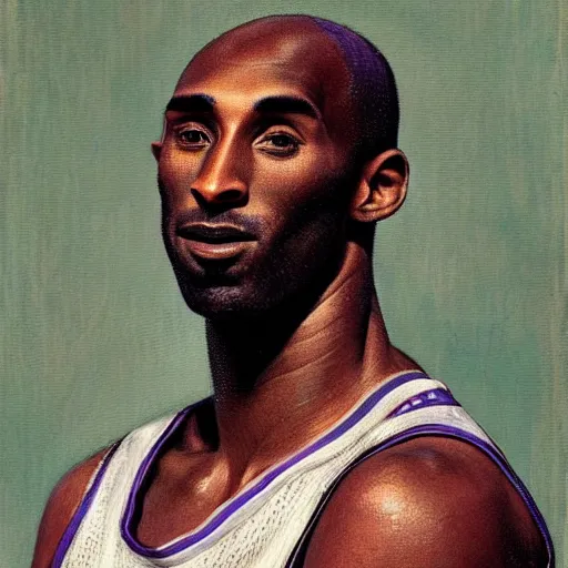 Image similar to portrait of kobe bryant with detailed, textured skin and piercing eyes, by nikolay makovsky