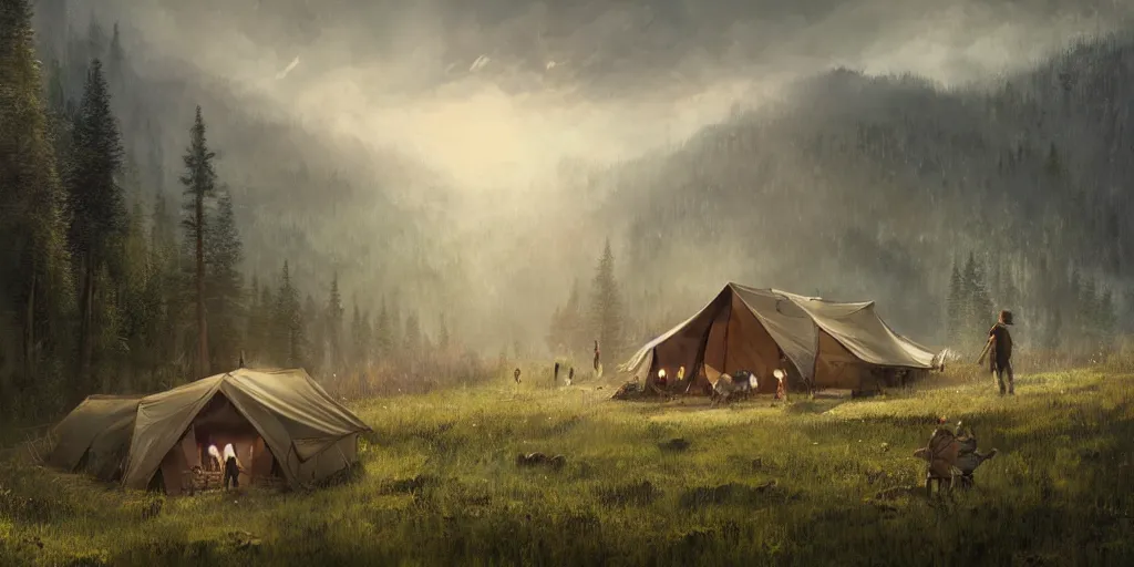 Image similar to cabela's tent fabric shelled pop up family dwelling unit, cabin, modular, person in foreground, mountainous forested wilderness open fields, beautiful views, painterly concept art, joanna gaines, environmental concept art, farmhouse, magnolia, concept art illustration by ross tran, james gurney, by craig mullins, by greg rutkowski