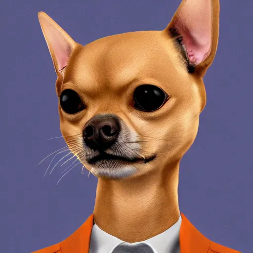 Prompt: professional portrait photo of a humanoid, with robotic parts on his face, honey color chihuahua dog, digital - art woman with a suit super hero, by rebecca sugar, artstation