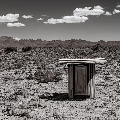 Prompt: a wooden toilet, sitting in the middle of the desert. high quality photograph, stunning award winning photograph, sigma 5 5 mm