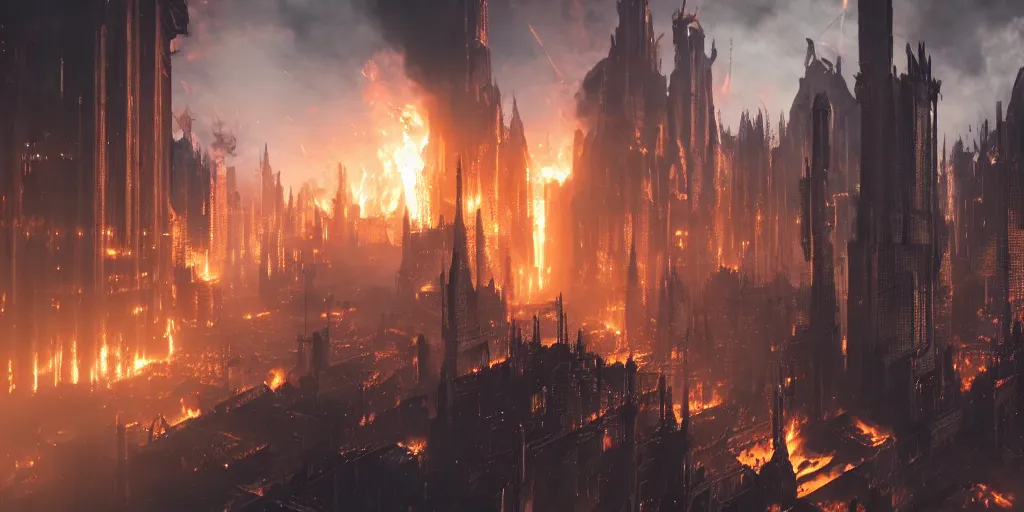 Prompt: gothic medieval cyberpunk city, giant explosion, fire, trail of smoke, high quality, detailed, 8k, unreal engine, octane render, trending on artstation
