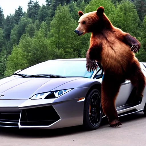 Image similar to bear dancing on the roof of Lamborghini car