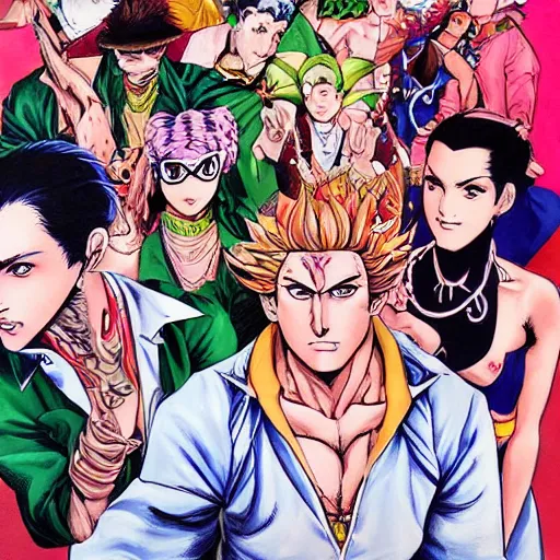 Prompt: a beautiful painting of jojo with superpowers posing for a picture on a city street by hirohiko araki, detailed line art, jojos bizarre adventure