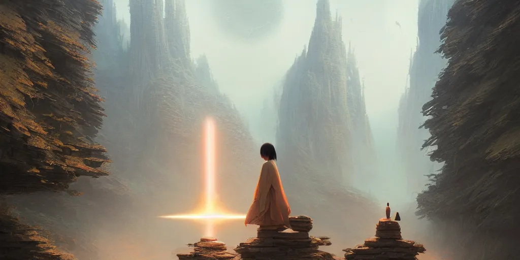 Image similar to The spiritual path, a journey through time by Tooth Wu and wlop and beeple. a highly detailed epic cinematic concept art CG render digital painting artwork scene. By Greg Rutkowski, Ilya Kuvshinov, WLOP, Stanley Artgerm Lau, Ruan Jia and Fenghua Zhong, trending on ArtStation, made in Maya, Blender and Photoshop, octane render, excellent composition, cinematic dystopian brutalist atmosphere, dynamic dramatic cinematic lighting, aesthetic, very inspirational, arthouse