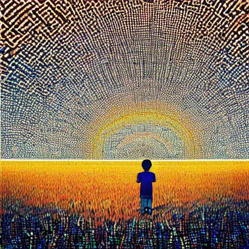 Image similar to a boy in a field with a sky background, a mosaic of screens by jeffrey smith, behance contest winner, generative art, circuitry, fractalism, behance hd