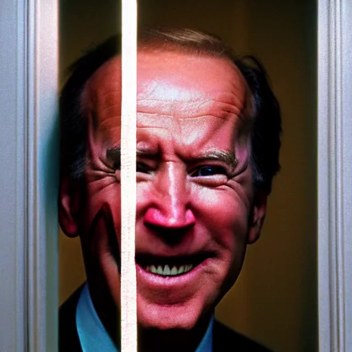 Prompt: A close-up portrait of Joe Biden's manic crazy face peeking through a hole in a door, film still from The Shining by Stanley Kubrick, Eastman Color Negative II 100T 5247/7247, ARRIFLEX 35 BL Camera