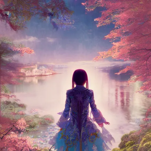 Image similar to nicolas cage as a beautiful young girl in intricate clothing by ross tran, walking in a castle, lake painted by sana takeda, rtx reflections, very high intricate details, painting, digital anime art, medium shot, mid - shot, composition by ilya kuvshinov, lighting by greg rutkowski