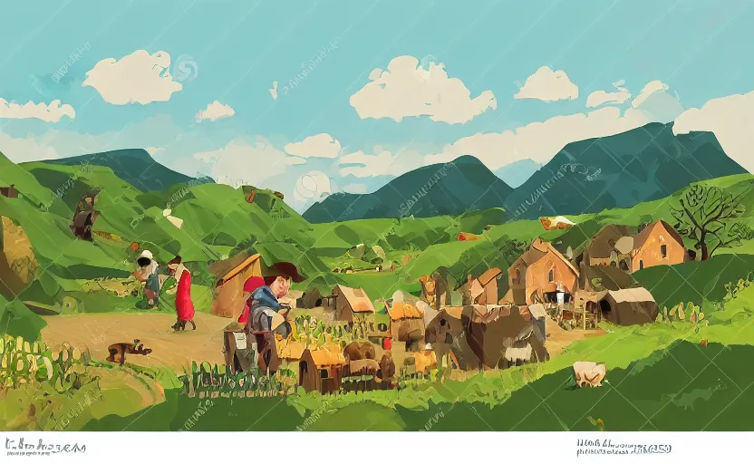 Image similar to some villagers busy farming in a small village in a valley, a dragon approaching from a distance, vector, storybook, muted colors, gouache, flat poster, sharp edges, print