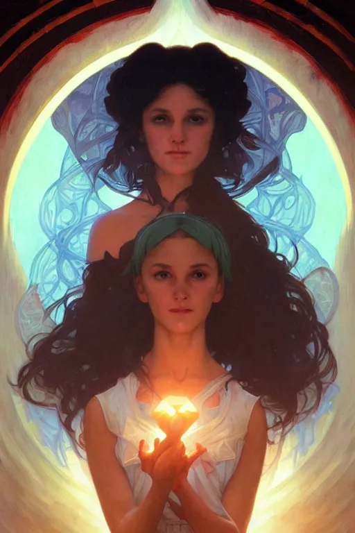 Image similar to bright cube above a portrait of a beautiful dark mystical woman, ice blue eyes, artstation, concept art, smooth, sharp focus, illustration, art by artgerm and greg rutkowski and alphonse mucha and william - adolphe bouguereau