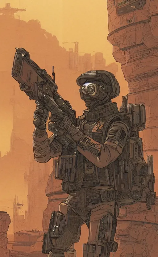 Image similar to a cyberpunk soldier with tactical gear and a rifle patrols a Japanese city on mars, Industrial Scifi, detailed illustration, character portrait, by Martin Grip and Moebius
