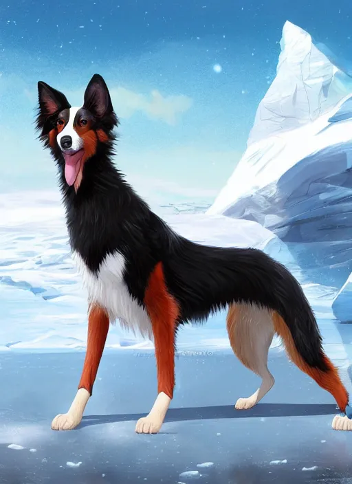 Image similar to beautiful wide angle full body portrait of a cute male anthropomorphic anthro border collie fursona wearing a swimsuit in antarctica, character design by charlie bowater, henry asencio, and ross tran, scenic background, detailed, glamor pose, aesthetic, furry, trending on artstation, furaffinity, deviantart