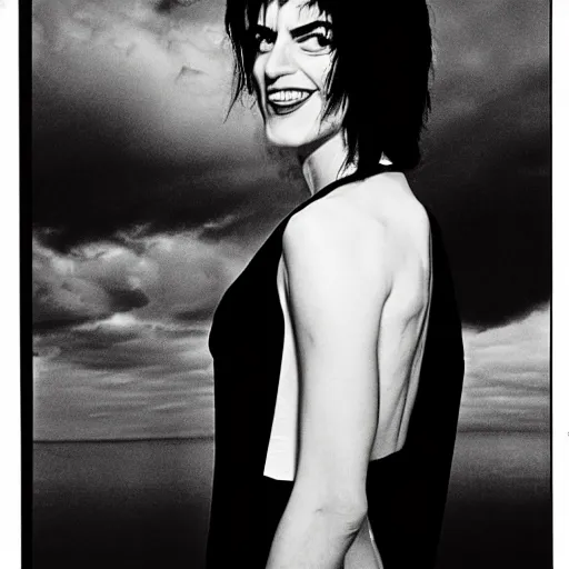 Image similar to A balck and white photgraphic portrait of the character, Desire, a tall, smiling androgyne with black hair and a grey pinstripe suit, studio lighting, medium shot, Life Magazine, 1978, Vertigo Comics, The Sandman written by Neil Gaiman, against a stormy sky