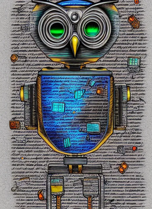 Image similar to colored pencil and pen drawing of an animatronic robot owl, bird made from rusty old keys and padlocks, space background, 8 k photorender realityengine