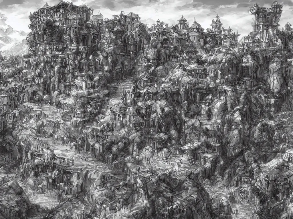 Image similar to concept art of looming crooked ancient town, artstation, ink, line art, black white, rolling hills, waterfall, river, overwhelming, extremely detailed, dominating palace with white walls on top of the hill center