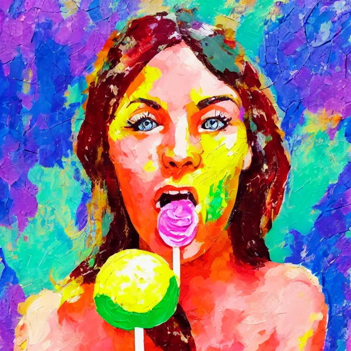 Image similar to portrait of beautiful woman licking a lollipop painted with colorful gouache impasto