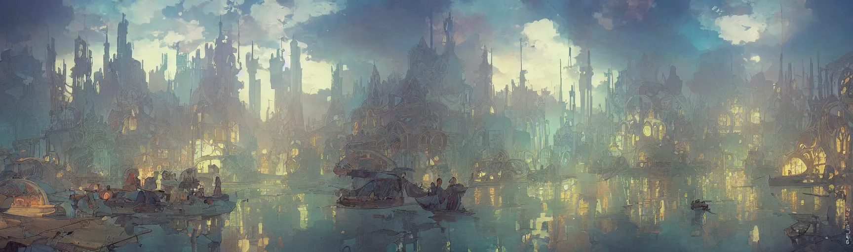 Prompt: a beautiful painting of a dystopian steampunk landscape, a lake with boats, houses on stilts, different colour led lights and neon, by alfons maria mucha and julie dillon and makoto shinkai