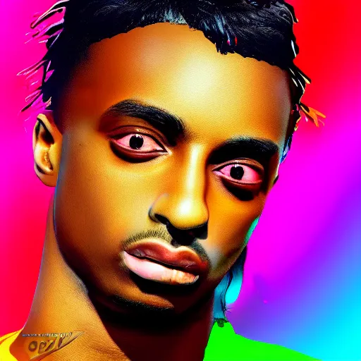 Image similar to playboi carti, photorealistic, detailed face, full body shot, 8 k hd, neon colors, over saturated colors,