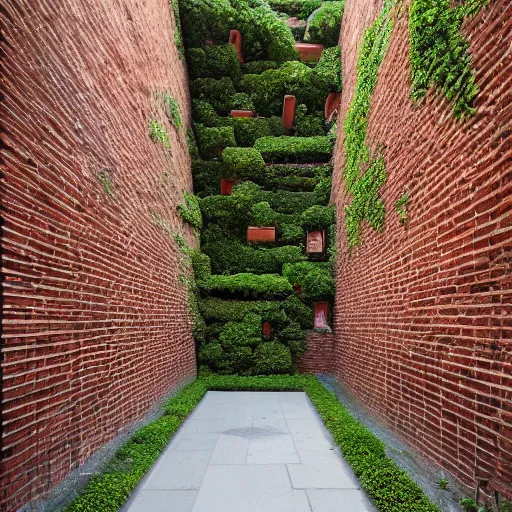 Image similar to courtyard complex of a labyrinthine monastary made of fractal resursively stacked bricks, fusion of carlo scarpa and thomas heatherwick, moss and ivy growing on the bricks, architectural photography