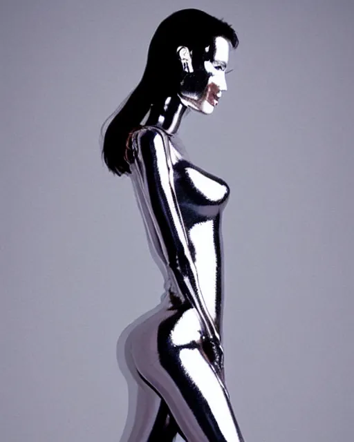 Image similar to Hajime Sorayama designed Metallic Robot Woman as Angelina Jolie, Studio Lighting. Robot woman’s skin made out of reflective chrome, Hyperreal