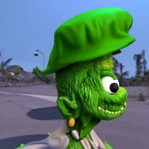 Image similar to a green hat with a monster's head on it, an ambient occlusion render by seuss dr, polycount contest winner, lyco art, rendered in maya, ambient occlusion, contest winner