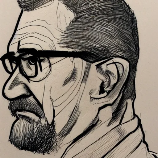 Prompt: a realistic yet scraggly portrait sketch of the side profile of a stern and sophisticated hank hill, trending on artstation, intricate details, in the style of frank auerbach, in the style of sergio aragones, in the style of martin ansin, in the style of david aja, in the style of mattias adolfsson