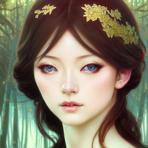 Image similar to Portrait of female japanese idol, D&D, blue eyes, face, fantasy, intricate, elegant, highly detailed, digital painting, artstation, concept art, smooth, sharp focus, illustration, forest on background, art by artgerm and greg rutkowski and alphonse mucha