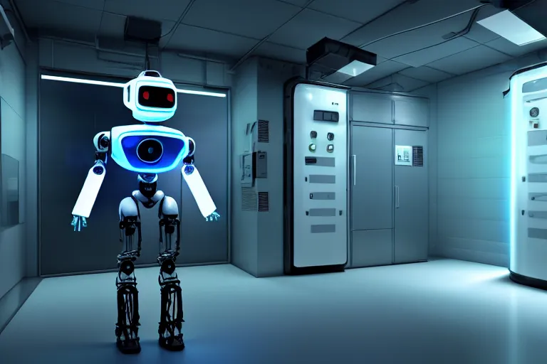 Prompt: full body robot with human face mask, bionical, on wheels, background data server room, neon and dark, illumination ray tracing hdr render in i am robot movie shot