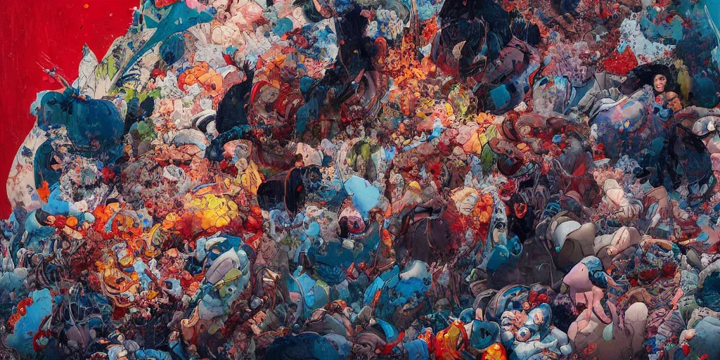 Image similar to highly textured oil painting modern art abstract exhibition with alot of people by james jean and katsuhiro otomo and erik jones, inspired by akira anime, smooth texture, intricate oil painting, high detail illustration, sharp high detail, long exposure