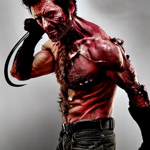 Image similar to wolverine, the walking dead zombie, full body shot, butcher by yousuf karsh, golden hour, realistic, body shot, sharp focus, 8 k high definition, insanely detailed, intricate, elegant