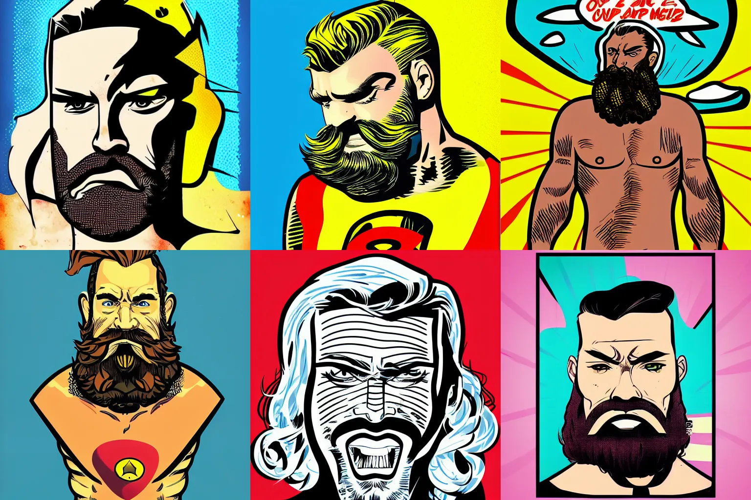 Prompt: pop art. comic book art. Surfer with beard. featured on artstation