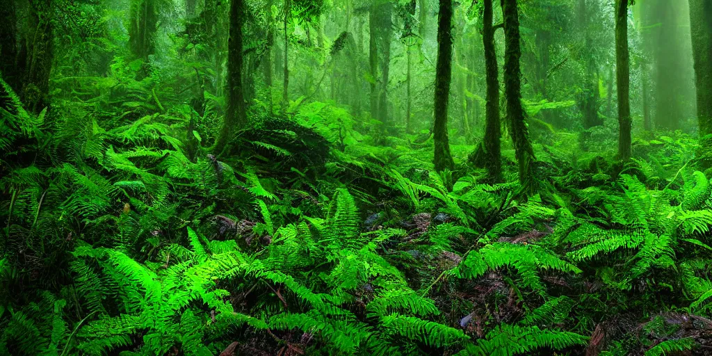 Prompt: deep lush forest floor with green ferns and moss, droplets of crystal clear water on the leaves, rays of sunlight coming through the clouds after rain, light fog
