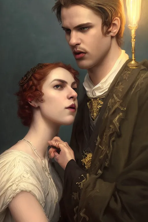 Prompt: a portrait of handsome young male nordic Satan and his elegant beautiful nordic witch wife, bored, illustration, dramatic lighting, soft details, painting oil on canvas, art nouveau, octane render, HDR, 4k, 8k, HD, by Edmund Blair Leighton, Brom, Charlie Bowater, trending on artstation, faces by Tom Bagshaw, Sargent
