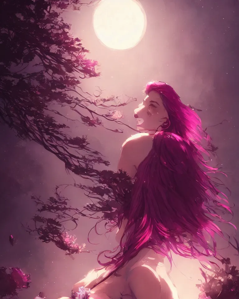 Image similar to a highly detailed image of A beautiful woman basking in the moonlight, with medium length magenta hair, and tall tree, and large obsidian crystals, cinematic lighting, dramatic atmosphere, by Dustin Nguyen, Akihiko Yoshida, Greg Tocchini, Greg Rutkowski, Cliff Chiang, 4k resolution, trending on artstation
