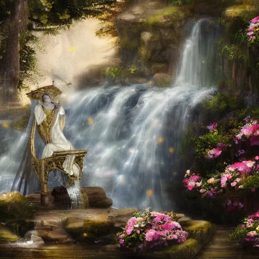 Image similar to waterfall coming out of a calliope instrument, covered in flowers, photography, trending on pixiv, 4k, cinematic lighting, realistic painting