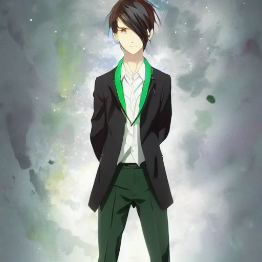 Image similar to full body portrait character concept art, anime key visual of decadent green long straight hair young anime male in black suit, green long straight hair and brown eyes, finely detailed perfect face studio lighting delicate features directed gaze, gapmoe kuudere grimdark, trending on pixiv fanbox, painted by greg rutkowski makoto shinkai takashi takeuchi studio ghibli