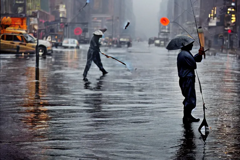 Image similar to fisherman with fishing rods catching and holding fish in a rainy new york street, photograph, natural light, sharp, detailed face, magazine, press, photo, Steve McCurry, David Lazar, Canon, Nikon, focus