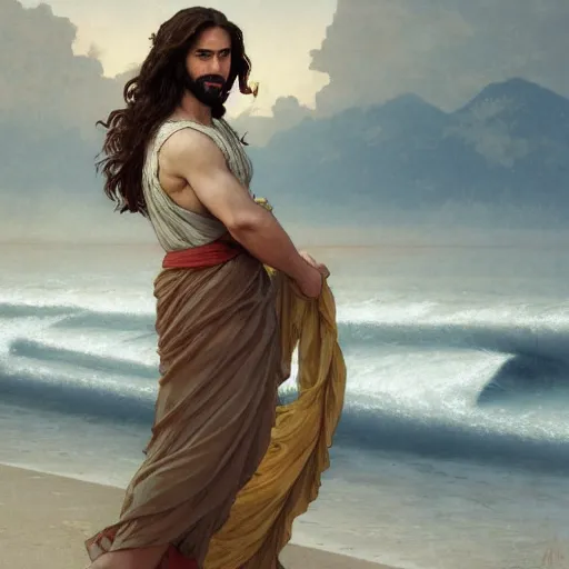 Prompt: a ridiculously good looking jesus that looks like a jewish gigachad, long curly hair, elegant ancient greek dress, very detailed, coast as the background, beautiful, intricate, cinematic, artstation, william bouguereau, alphonse mucha, greg rutkowski, rossdraws, octane render