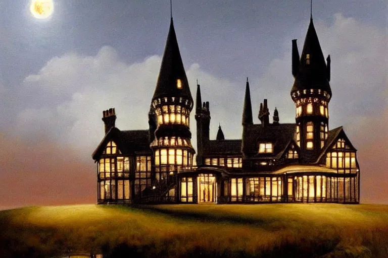 Image similar to a beautiful hyperrealistic painting of a victorian house with a tower at night, very detailed by samuel and joseph newsom, harry potter