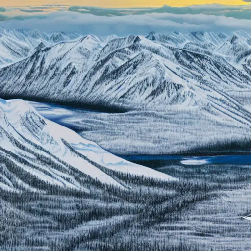 Image similar to illustration of an alaskan wildness just before darkness