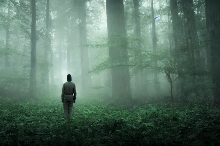 Image similar to a complex organic fractal 3 d ceramic humanoid floating in a lush forest, foggy, cinematic shot, photo still from movie by denis villeneuve