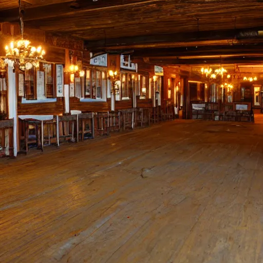 Prompt: Empty Old West Saloon at the break of day, Rococo style