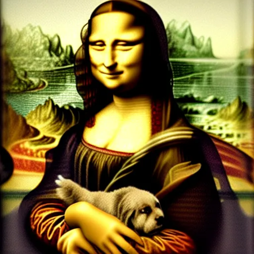 Image similar to mona lisa with a dog face, highly detailed