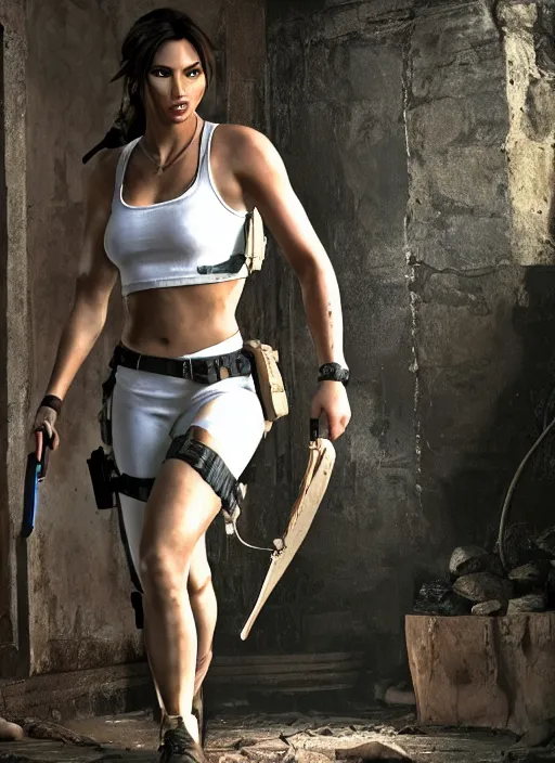 Image similar to film still of Lara Croft in a haunted house, thicc, large chest, crop top, white thong, 4k