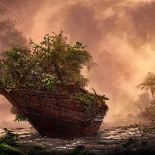 Image similar to Wrecked wooden ship on the top of jungle trees, 8k, detailed, concept art, trending on artstation