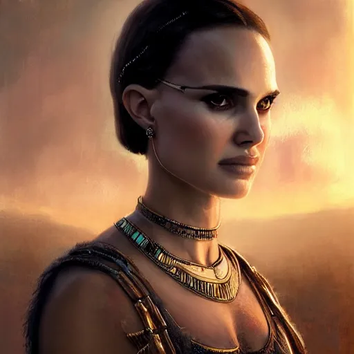 Prompt: closeup portrait of natalie portman as cleopatra, palace background, dramatic light, gorgeous view, depth, high detail, digital art, painted by greg rutkowski and seb mckinnon, neuromancer, trending on artstation